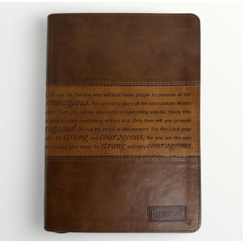 Strong & Courageous‎ Journal Brown Vegan Leather Zip Lined Christian Art Gifts